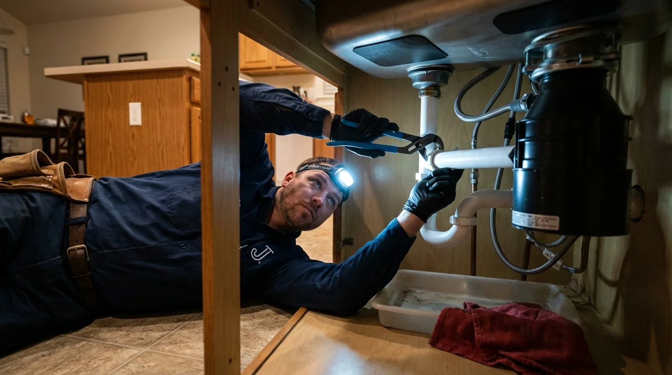 P-trap and supply line connections under a kitchen sink showing a common leak point in Eddyville, KY